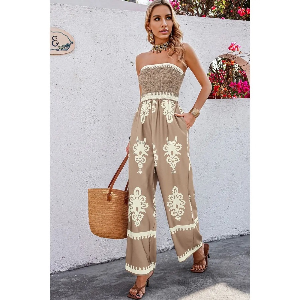 Black Boho Off Shoulder Ruched Printed High Waist Wide Leg Jumpsuit Size S-2X - Picture 5 of 6